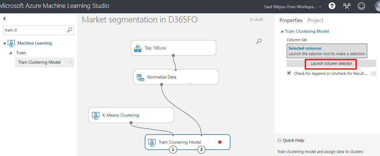 Microsoft Azure - Train Model - Launch column selector